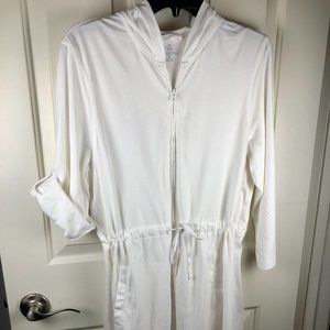 Land's End White Zip Front Hooded Cover Up Dress - Roll Up 3/4 Sleeves - Size XL
